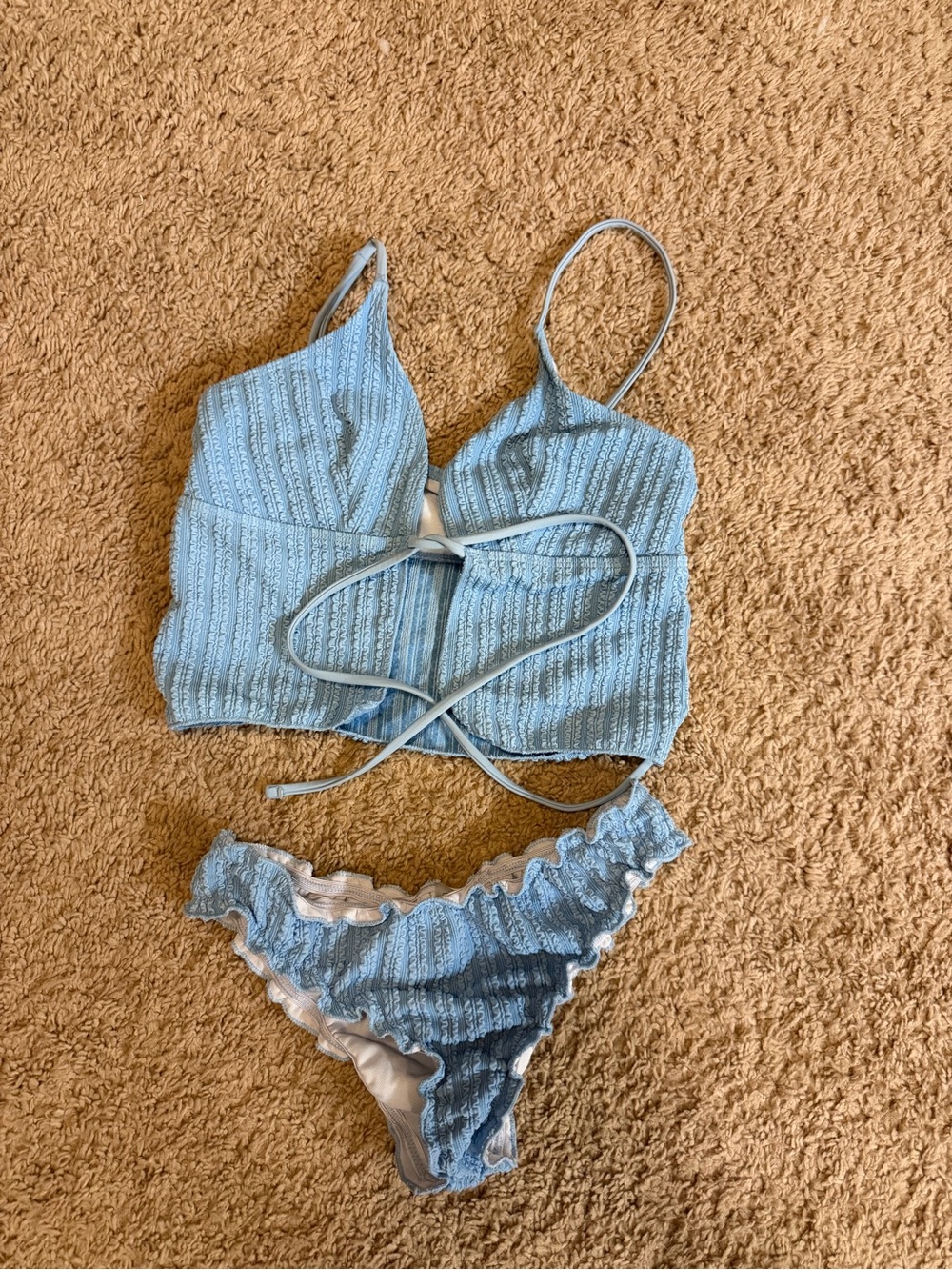 SHEIN Light Blue Ribbed Lace-Trim Swim Bralette Set